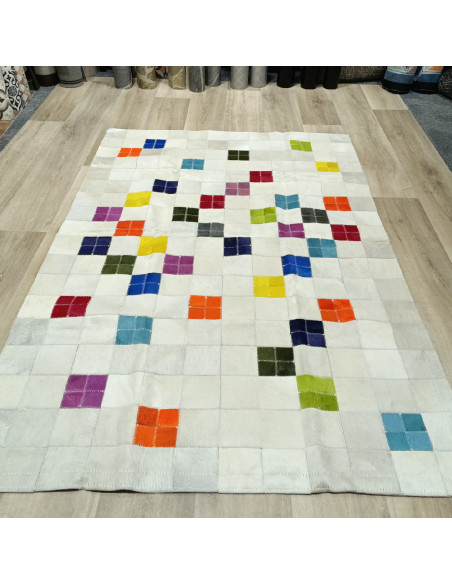 White Patchwork Leather Rug with Colors, at alfombras imperio1979.com.