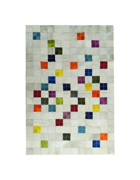 White Patchwork Leather Rug with Colors, at alfombras imperio1979.com.
