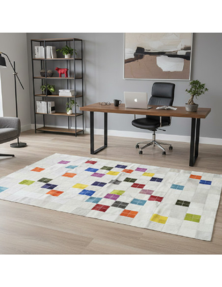 White Patchwork Leather Rug with Colors, at alfombras imperio1979.com.