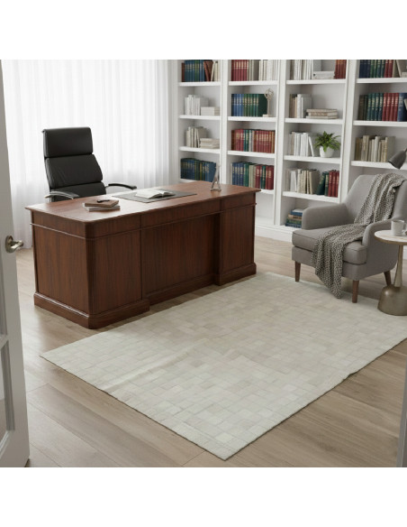 Patchwork white leather rug, at alfombrasimperio1979.com.