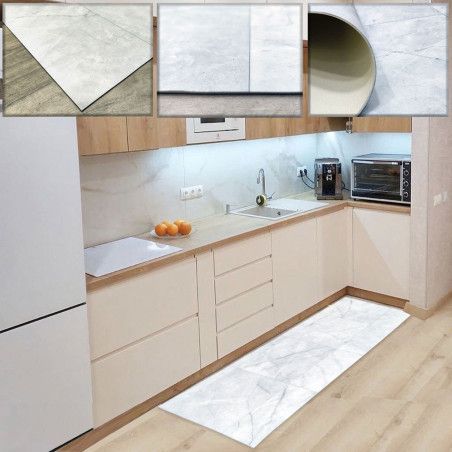 Custom-made Qualita vinyl rug, marble and wood, elegant and functional touch at alfombrasimperio1979.com