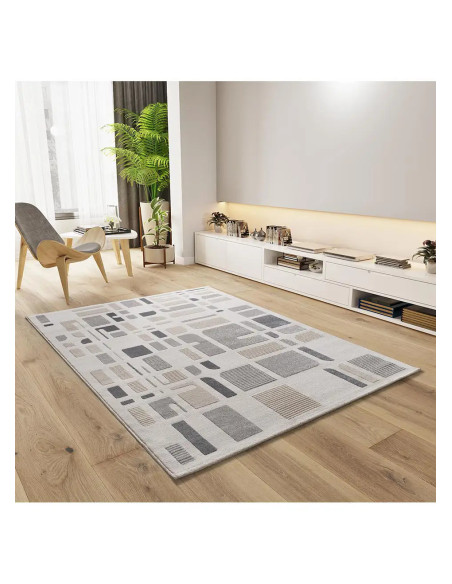 Flora 12955 Silver Geometric Rug with Relief